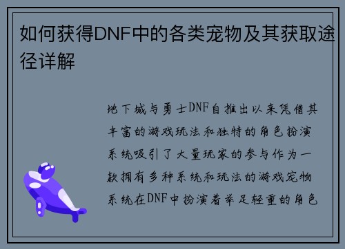 如何获得DNF中的各类宠物及其获取途径详解